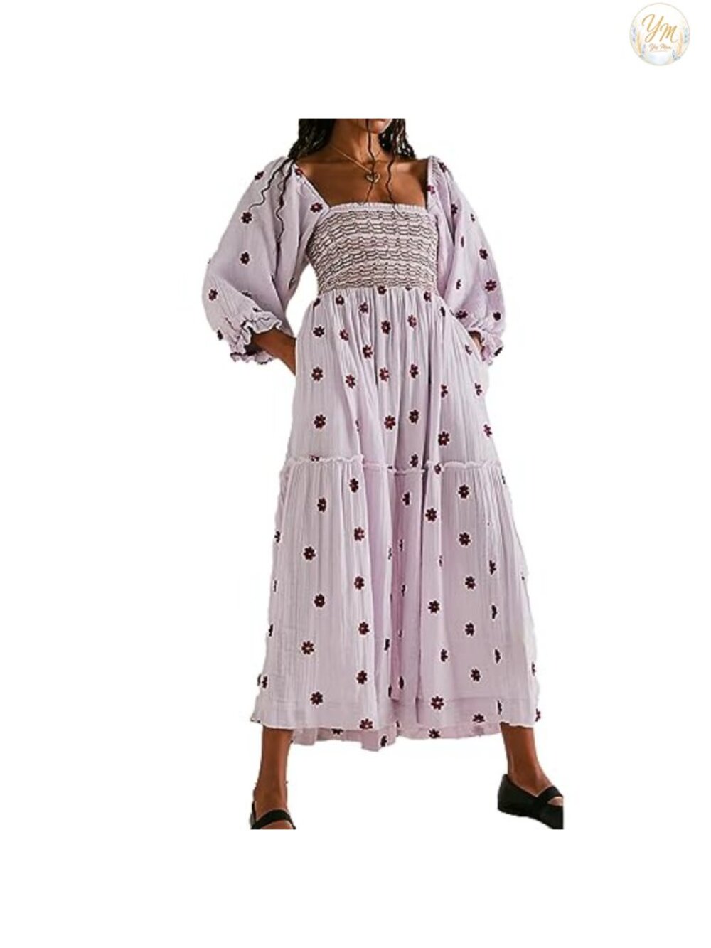 Women Floral Embroidered Maxi Dress Puff Sleeve Square Neck Bohemian Flowy